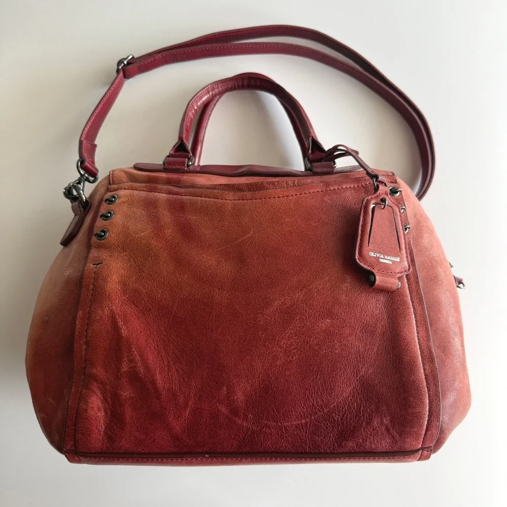 Olivia Harris Double Top Satchel Distressed Red Leather Shoulder Bag Purse - Picture 2 of 14